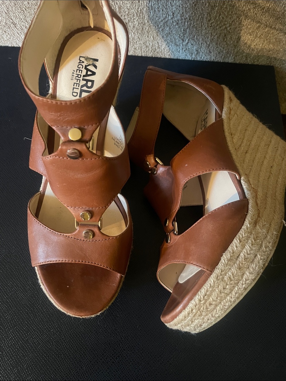 Karl Lagerfeld Savoie Tan Leather Espadrille Wedge Sandals * Women’s size 8.5